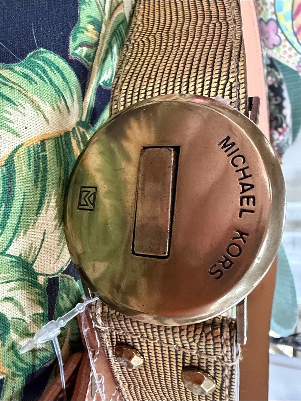 Michael Kors Olive Green Canvas and Tan Leather Logo Buckle Belt m/l